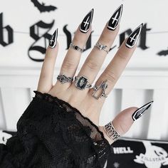 Goth Nails Acrylic Grunge, Goth 4th Of July Nails, Gothic Coffin Nail Ideas, Goth Birthday Nails, Witchy Stiletto Nails, Black Nail Art Gothic, Simple Stiletto Nails Designs, Nail Designs Goth