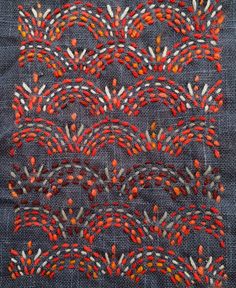 a piece of cloth with red and orange beads on it