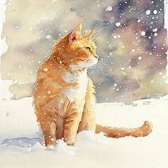 an orange and white cat sitting in the snow