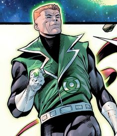 the green lantern is standing in front of an image of stars and planets, with his hands on his hips