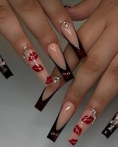 Matching Valentines Nails With Bestie, Red And Black Medium Nails, Dark Red Acrylic Nails Coffin, Valentines Day Nails Medium Length, Black Valentines Day Outfit, Red Nails With Initials, Y2k Red Nails, Gangsta Nails, Red And Black Acrylic Nails