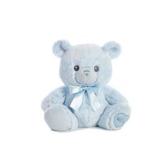 a blue teddy bear with a bow on it's head sitting against a white background