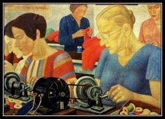 a painting of women working on sewing machines in an industrial factory, with one woman looking at the machine