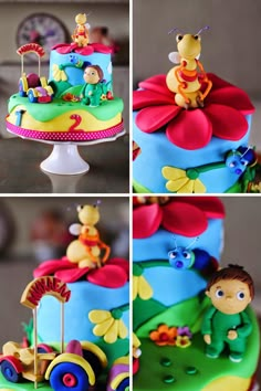 three pictures of the same cake with different characters on it