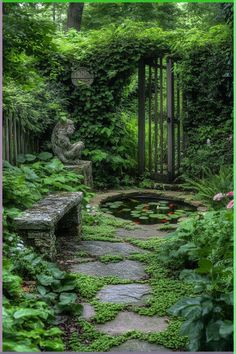 an outdoor garden with stepping stones, plants and a pond in the center surrounded by greenery