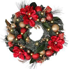 a christmas wreath with red and gold ornaments