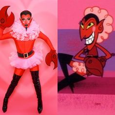 an image of a woman in costume next to a cartoon character wearing a devil mask