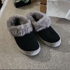 Sleepers Black Winter Slippers With Rubber Sole, Black Leather Winter Slippers, Black Winter Slippers With Round Toe, Black Suede Slippers With Rubber Sole, Black Suede Sneakers For Winter, Gray Slippers With Cushioned Footbed And Round Toe, Gray Cushioned Round Toe Slippers, Comfortable Black Suede Slippers, Gray Outdoor Slippers With Round Toe