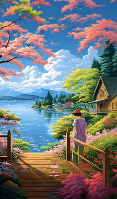 a painting of a woman walking down a wooden bridge to a lake with pink flowers