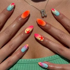 Star Fish Nails, Trendy Nails Ombre, Gel Nails Neon, 3d Gel Nails, Nails 3d Gel, Nails Ocean, Nails Star, Fish Nails, Ocean Nails