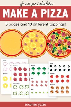 four pizzas with different toppings and the words make a pizza on them in red,