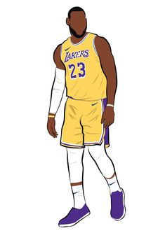 a drawing of a basketball player in yellow and purple uniform with the number 23 on his chest