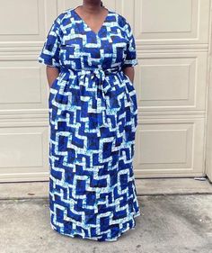 "African Ankara short sleeve long Maxi wrapping dress handmade women with sides pockets  Made with Polycotton Fabric Dress with blue black and white print. Dress for all occasions Contact me for other sizes or if you want different body measurements.  Check the measurement before purchasing.  Please check your measurements before you order. Please don't assume that you know your measurements because every store has their own size guide.  Let me know within 3 days after receiving the item that you want to return it. Cancel order within 12 hours after purchase. Item must be returned within 7 days after receiving. Free exchange, but Shipping is not free for refund Shipping cost to buyer and  back to the seller are not free for refund Size Chart  Dress length 59 to 62\" US 2 (Waist 26 ,Burst 3 Blue Maxi Wrap Dress With Tie Waist, Blue Short Sleeve Maxi Dress With Pockets, Blue Cotton Maxi Dress With Short Sleeves, Fitted Blue Maxi Dress With Pockets, Blue Short Sleeve Dress With Side Pockets, Blue Maxi Dress With Pockets, Casual Blue Wrap Dress With Short Sleeves, Wrapping Dress, Ankara Short