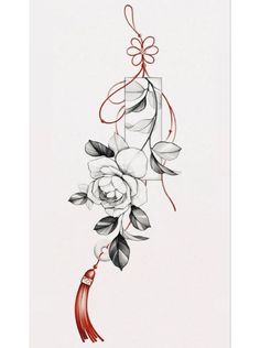 an artistic drawing of flowers on a white paper with red ribbon and bow hanging from it