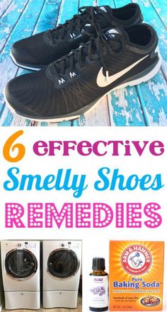 some shoes that are sitting on top of a wooden floor with the words 6 effective smelly shoes remedies