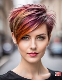 Bold Pixie Hair Color, Hair Color Short Hair Ideas, Pixie Hair Color Ideas Funky Hairstyles, Fall Short Hair Color, Creative Hair Color Short, Spring Hairstyles For Short Hair, Bixie Colour Haircut 2024, Pixie Hair Color Ideas, Colored Pixie Cut