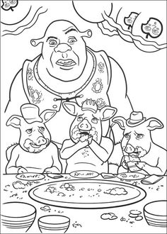 an adult and two children are eating at a table with pigs in the background coloring page