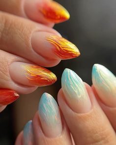 Fire And Ice Nails Art Designs, Fire And Ice Nail Designs, Fire And Ice Nails, Ice Nails Designs, Fire Nails Designs, Mha Nails, Fire Nail Art, Textured Nail Art, Sunset Tutorial