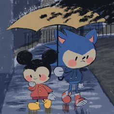 mickey and minnie mouse walking in the rain under an umbrella