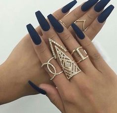 nails, rings, and gold image Nails And Rings, Navy Blue Nails, Nine Inch Nails, Coffin Nails Long, Prom Nails, Coffin Nails Designs, Nail Arts