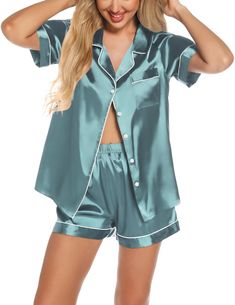 PRICES MAY VARY. Materials: Soft satin silky fabric, this pajama set is breathable and lightweight comfy for a relaxing day or night. Design：Top with classic notch collar, piping trim, chest pocket, and center front closure with (5) buttons. Short has comfy elastic waistband and adjustable drawstring.Elastic waist that fits for any body size and makes relaxing as comfort as possible Occasion:Women's Short Sleeve Silk Satin Pajamas Set, which is soft and suitable for lounging and pajama party,bri Bride Pajama, Satin Pajamas Set, Satin Pj Set, Pyjama Satin, Silk Pajama, Satin Sleepwear, Silk Pajama Set, Satin Pyjama Set, Satin Pajamas