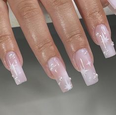 Pink Baby Boomer Nails, October Nails 2024, Nail Inspo With Charms, Design Square Nails, Nails With Pearls, Baby Boomer Nails, Nails October, Nails Rhinestones, Pretty Fingers