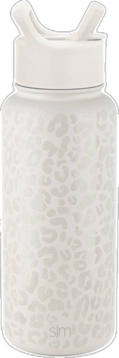 thermos bottle is white and has a leopard print on it