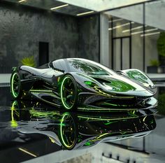 a futuristic car is shown in front of a building and reflecting on the water's surface