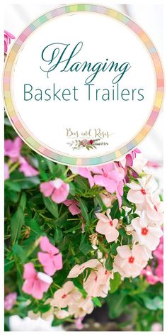 a sign that says hanging basket trailers with pink and white flowers in the foreground