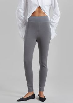 Color: Grey Midweight stretch knit fabric Slim fit High rise Elasticated waist Slip on style Unlined 72% Rayon 28% Polyester Hand Wash Cold Imported Winter Stretch Elastane Activewear, Casual Tight Elastane Pants, High Stretch Elastane Leggings With Elastic Waistband, Versatile Full-length Winter Bottoms, High-waisted Stretch Leggings With Wide Waistband, Stretch High-waisted Leggings With Wide Waistband, Tight Elastane Ankle-length Pants, Gray Tight Full-length Pants, Gray Full Length Tight Pants