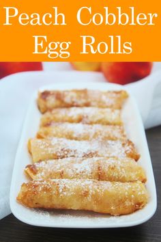 Peach Cobbler Egg Rolls Baked Peach Cobbler, Dessert Egg Rolls Recipe, Homemade Vanilla Icing, Peach Cobbler Egg Rolls, Egg Rolls Baked, Easy Peach Pie, No Egg Desserts, Peach Dessert Recipes, Baked Peach