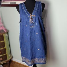 Vintage Brand J.L. N.Y. Size L Vintage Dead Stock, New With Tags. Denim Sleevless Shift Dress With Embroidered Details, And Tie Front. No Holes Rips Or Stains Smoke Free Home N Bohemian Sleeveless Denim Dress, Embroidered Sleeveless Denim Dress, Casual Embroidered Sleeveless Denim Dress, Embroidered Sleeveless Cotton Denim Dress, Summer Embroidered Sleeveless Denim Dress, Sleeveless Embroidered Cotton Denim Dress, Sleeveless Embroidered Denim Dress For Summer, 90s Denim, Embroidered Details