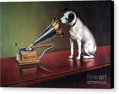 a painting of a dog on a table with a record player and an old phonograph