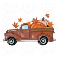 an old pickup truck with pumpkins and leaves in the back, on a white background