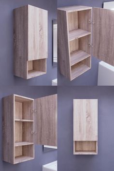 four different views of a wooden cabinet with doors open and shelves closed, on a wall