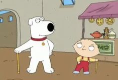 a cartoon character standing next to a white dog in a living room with a person holding a cane