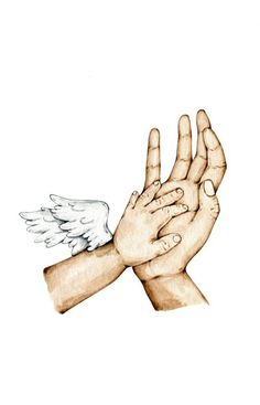 two hands reaching out to each other with white wings