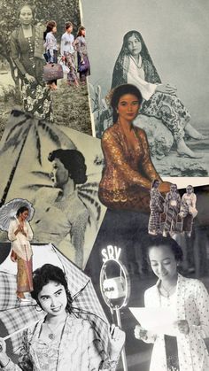 collage of women with umbrellas and pictures from the 1960s's to present them