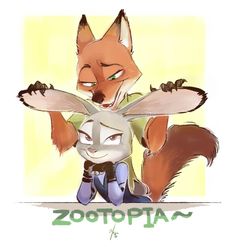 a drawing of a fox and a rabbit with the words zootopia on it