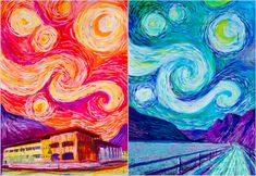 three different colored paintings with stars in the sky