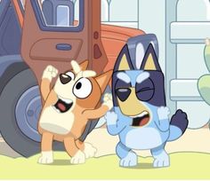 two cartoon dogs standing next to each other in front of a construction truck and tractor