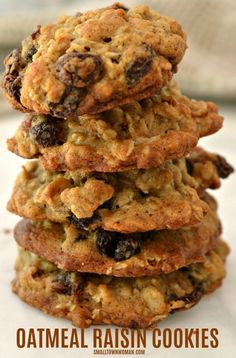 oatmeal raisin cookies stacked on top of each other with text overlay