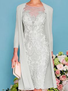 Two Piece Sheath / Column Mother of the Bride Dress Formal Wedding Guest Church Elegant Jewel Neck Knee Length Chiffon Lace 3/4 Length Sleeve Wrap Included Jacket Dresses with Beading Appliques 2023 2023 - US $149.51 Formal Wedding Guests, Women Lace Dress, Elegant Midi Dresses, Quality Dresses, Pink Midi Dress, Dress Hats, Dress Formal, Chiffon Lace