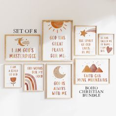 a set of 8 framed art prints with the words, god has great plans for me