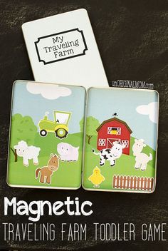 two magnets with farm animals on them and the words magnetic traveling arm toddler game