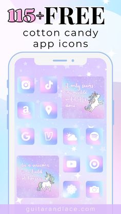 an iphone screen with the text free cotton candy app icons on it and unicorns