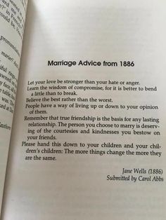 an open book with the text marriage advice from 1876