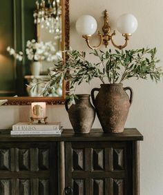 two vases with plants sit on top of a wooden cabinet in front of a mirror