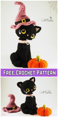 crocheted black cat sitting next to a pumpkin and wearing a witch's hat with the caption free crochet pattern