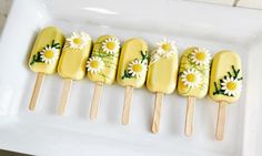 five popsicles decorated with daisies and daisies are on a white platter